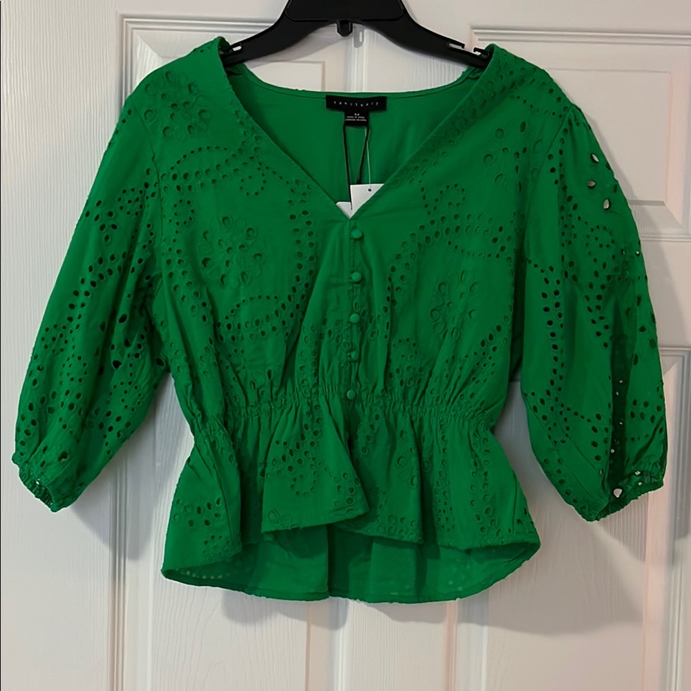 Sanctuary Green Puff Sleeve Peplum Blouse